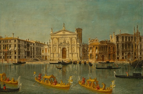 Venice; The Grand Canal with the Church of San Stae, with gilded gondolas in the foreground