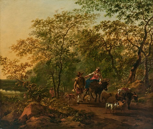 An Italianate wooded landscape with a woman riding an ox and a drover beside with his animals