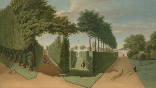 The allées in the gardens of Chiswick House, with a view of the Rustic House, the Doric Column and the Deer House