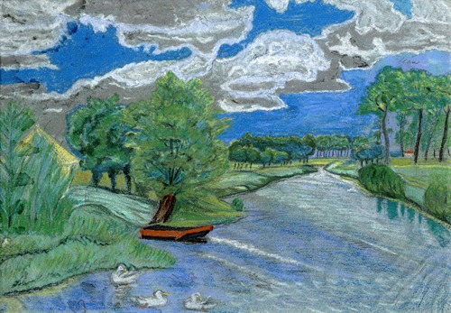Landschap met een rivier en hooimijt