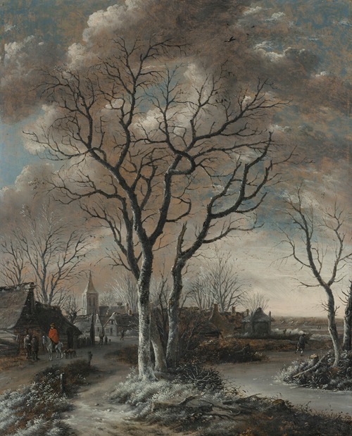A winter landscape with skaters and other figures near a village, with a church