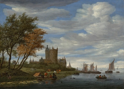 A river estuary with sailboats and fishermen pulling in nets, a fortified castle and horse-drawn wagon on the bank