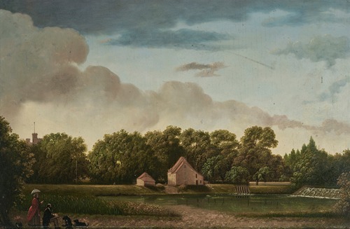 The Weir at Canford Manor, with a gentleman sketching, observed by a lady and two dogs