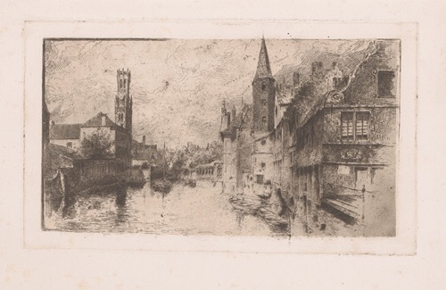 Stadsgezicht met gracht en toren
