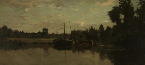 Landschap met schepen op een rivier in de avond