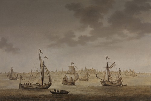 A three-masted sailing ship and other shipping before Gouda