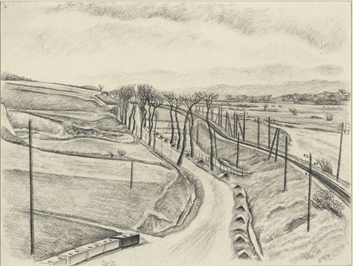 Landschap met weg en trambaan