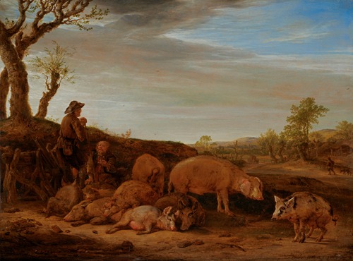 A Landscape with a Herd of Pigs, The Swineherd Conversing with Another Man 