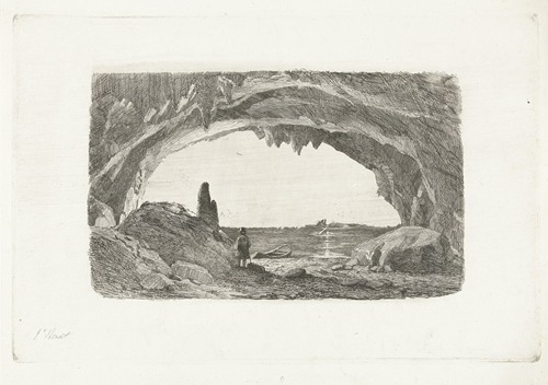 Man met roeiboot in de grotten van Han