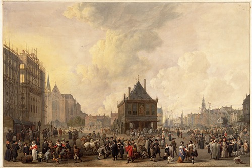 Dam met stadhuis in aanbouw