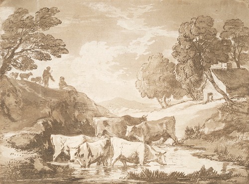 Wooded Landscape with Cows at a Watering Place, Figures and Cottage