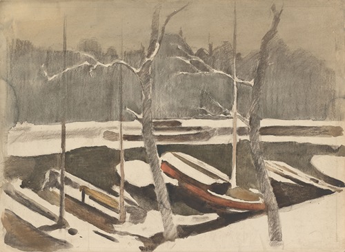 Gemeerde schuiten aan een besneeuwde grach