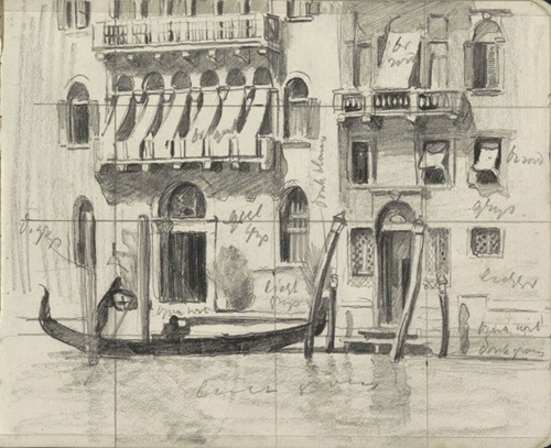 Huizen met zonwering over de balkons aan het Canal Grande te Venetië