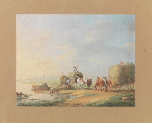Boeren met paarden en hooiwagens aan de oever van een rivier