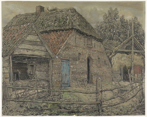 Grote boerenschuur, met een varkenshok ervoor