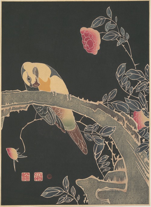 Parrot on the Branch of a Flowering Rose Bush