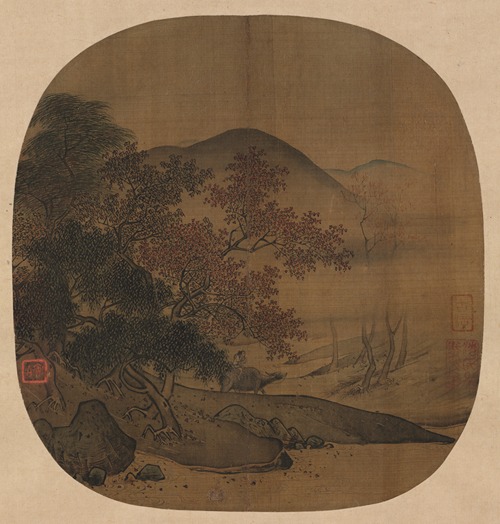 Buffalo and Boy in Autumnal Landscape