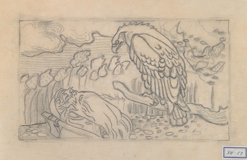 The Great Kalevala, Poem II, sketch. Väinämöinen and eagle ‘Kokkolintu’.