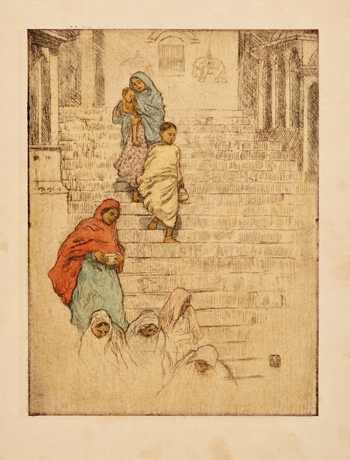 Indian ladies stepping down stairs