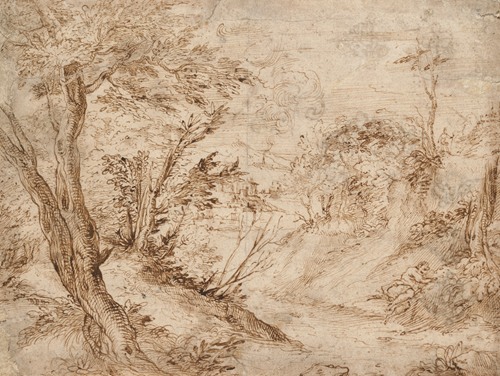 A wooded landscape with a figure resting beside a road and a river in the background