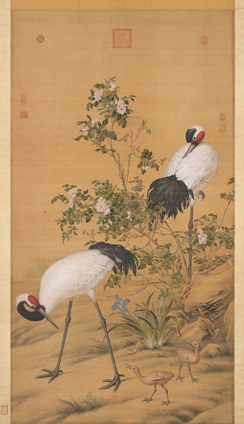 Pair of Cranes in the Shade of Flowers