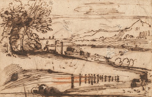 An extensive coastal landscape with a procession of figures in the foreground and buildings on the water