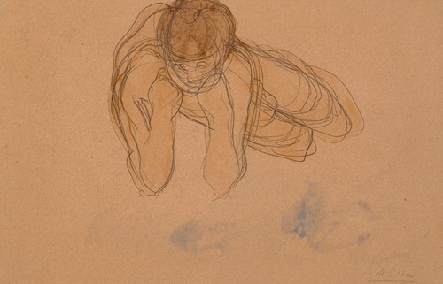 Femme nue couchée de face, sur le flanc droit, accoudée et les poings au menton