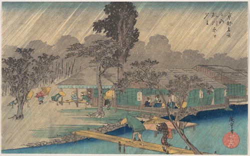 Tea-houses on the Bank of the Tadasu River in a Shower