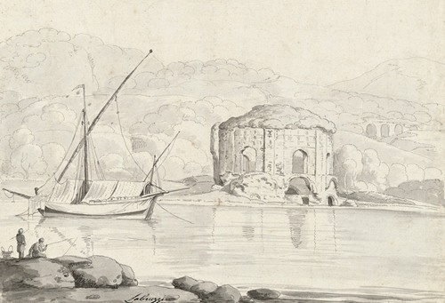 The so-called Temple of Venus at Baiae, with a boat and two fishermen in the foreground