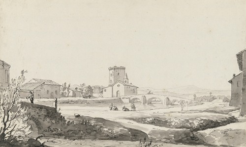A village on a river with a three-arched bridge beside a small church and a fortified building beyond