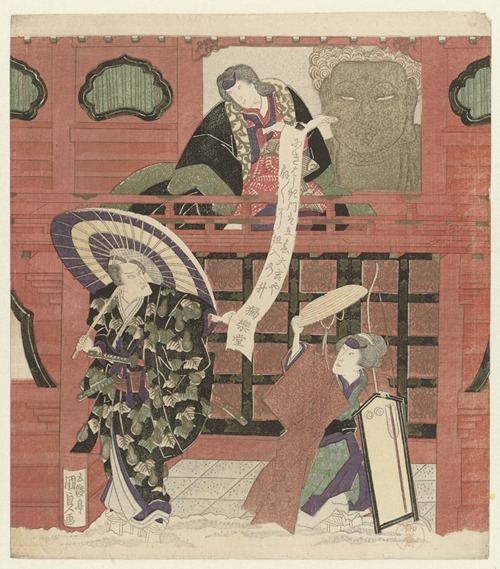 Three actors at a temple gate