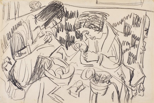 Zwei nähende Frauen am Tisch (Two Sewing Women at the Table)