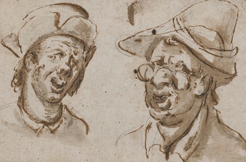 Studies of two male heads, one bespectacled