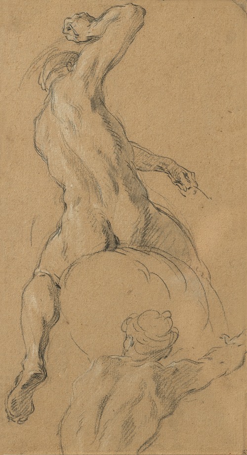 Study of a nude horseman seen from behind, his right arm raised, with a study of another man