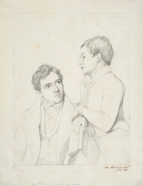 Portrait of a seated young man and a standing boy