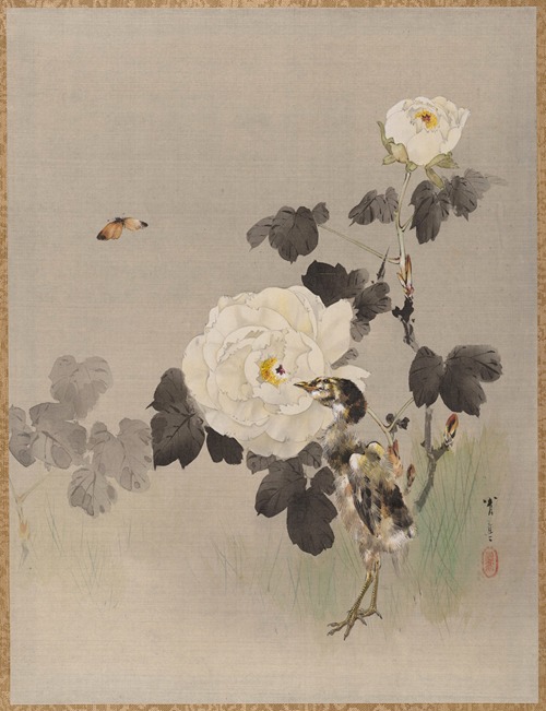 Roses, Young Bird and a Butterfly