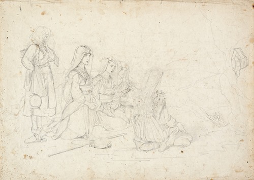 Italian peasants at prayer in front of a wayside shrine