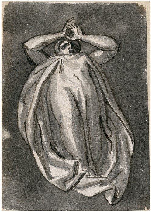 Achteroverliggende figuur in lange mantel, armen geheven