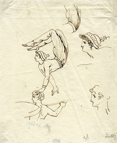 Female acrobate balancing on the head of a warrior (after a Greek vase)
