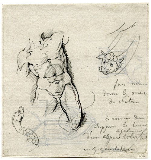 Kneeling giant with snakes instead of feet, and a snake and a bull’s head