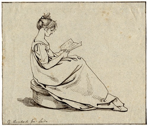 Lezende vrouw, zittend op een poef, naar rechts gewend