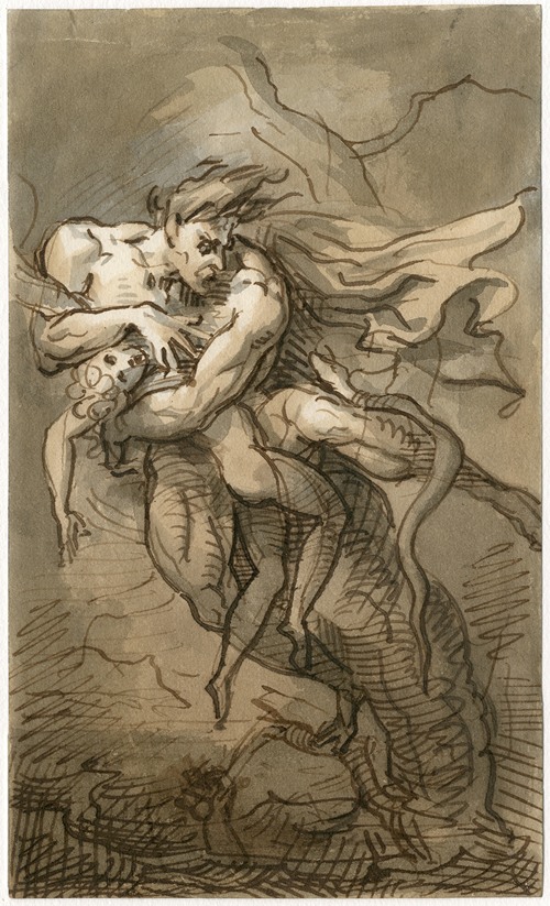 Nude man and boy holding on to a tree while being attacked by a snake