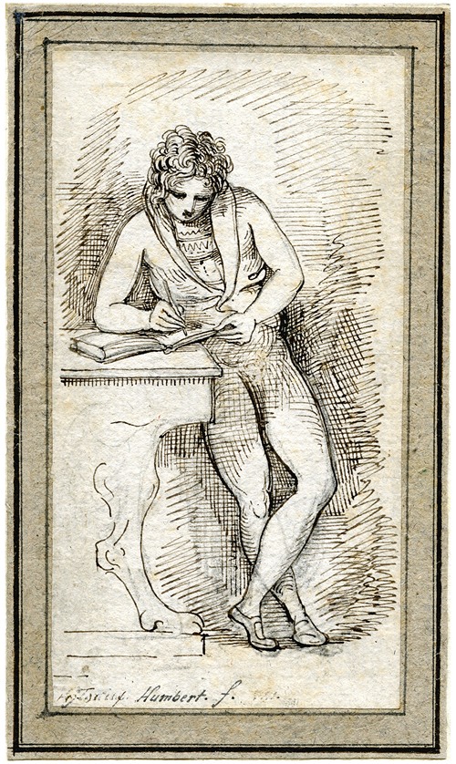 Self-portrait of the artist D.P.G. Humbert de Superville at a young age, leaning against a table and writing