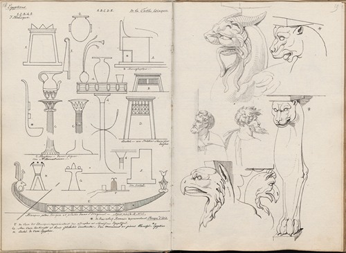 Several Egyptian objects, details of a fresco by Raphael and Roman furniture
