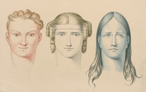 The heads of a man and two women, showing ascending, horizontal and descending lines, in combination with colours