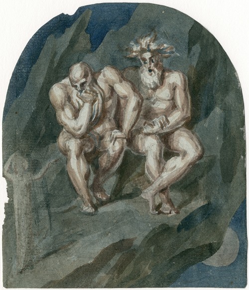 Twee gespierde mannen op een rots kijkend naar een schim