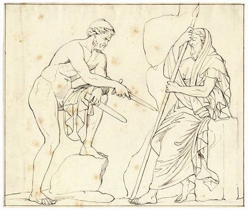 Two men, facing each other, possibly Polygnotus and Nicias