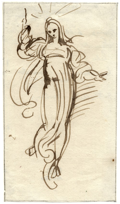 Zwevende vrouwenfiguur in lang gewaad, met geheven arm