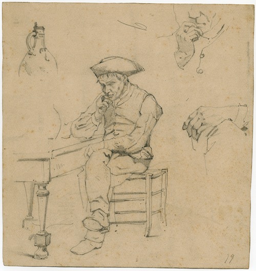 Man with a pipe sitting at a table, study of a hand, smoking man and a jar