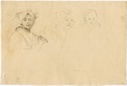 Woman with sunshade, head of a woman, head of a child